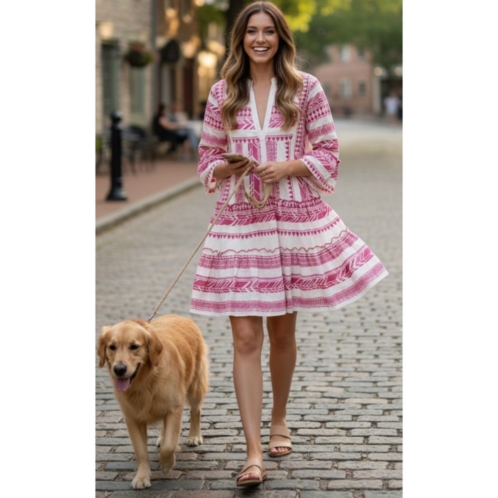 THML Women's XS Connor Dress Pink & White Fairy 3/4 Sleeve Ruffle Boho Chic NEW